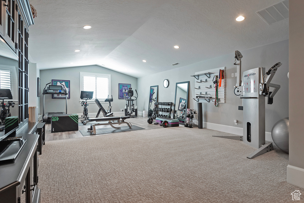 Workout room with lofted ceiling, a textured ceiling, and light colored carpet
