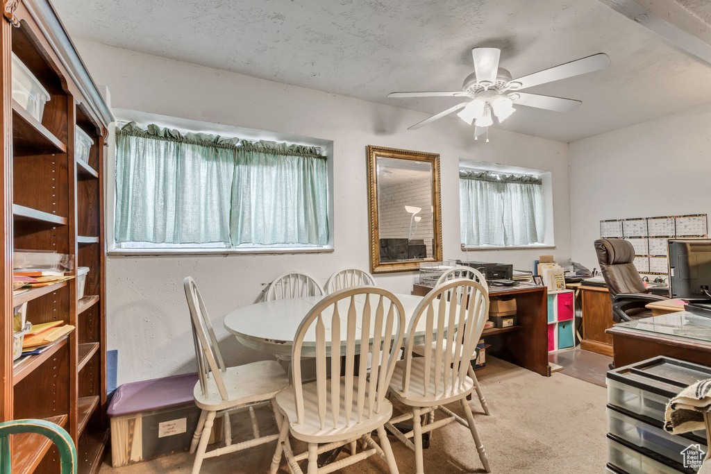 Dining area featuring ceiling fan and light carpet