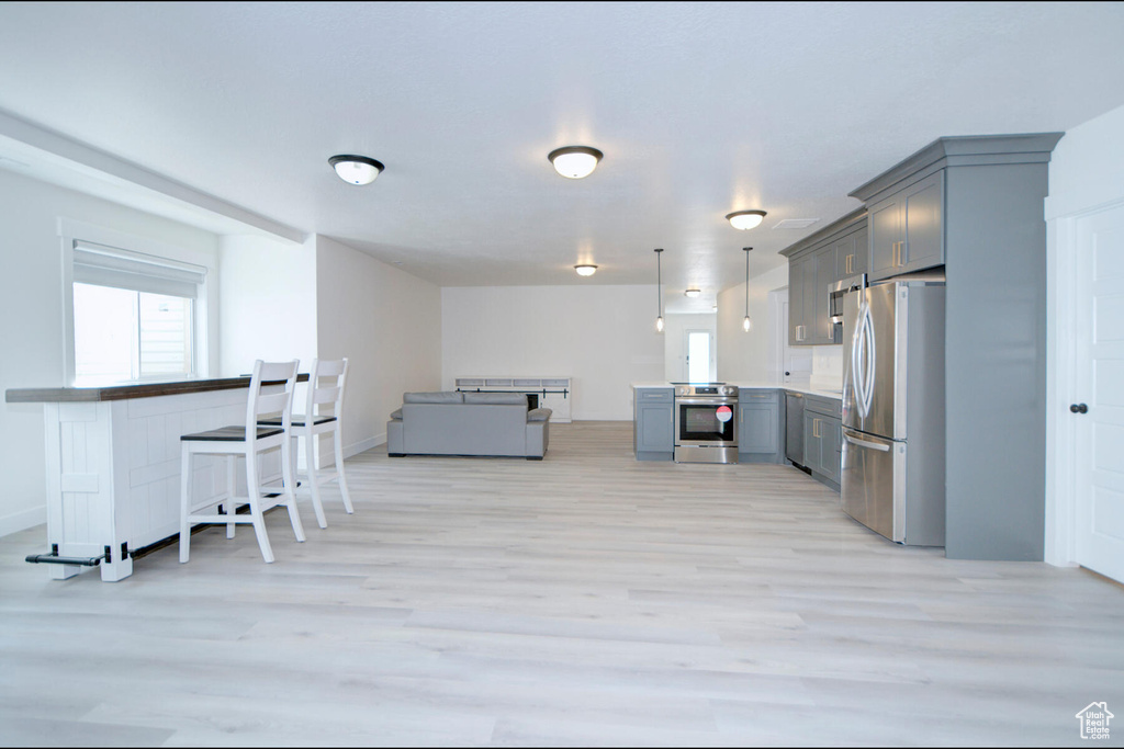 Kitchen featuring hanging light fixtures, appliances with stainless steel finishes, gray cabinets, and light hardwood / wood-style flooring