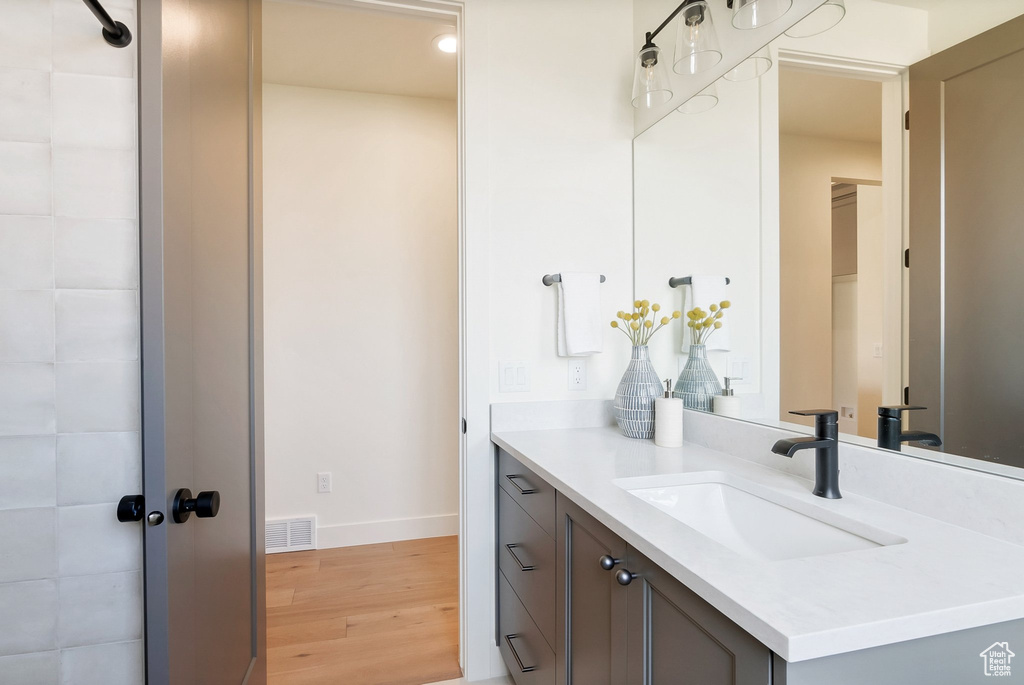 Bathroom with vanity and hardwood / wood-style flooring