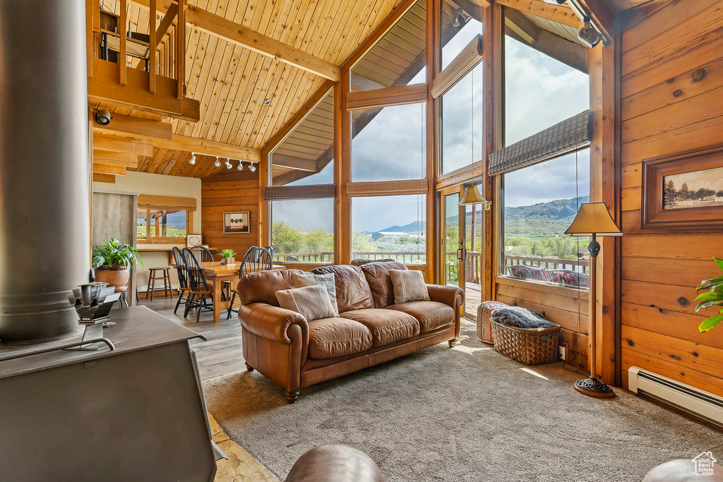 Living room with wood walls, high vaulted ceiling, wooden ceiling, a wood stove, and a mountain view