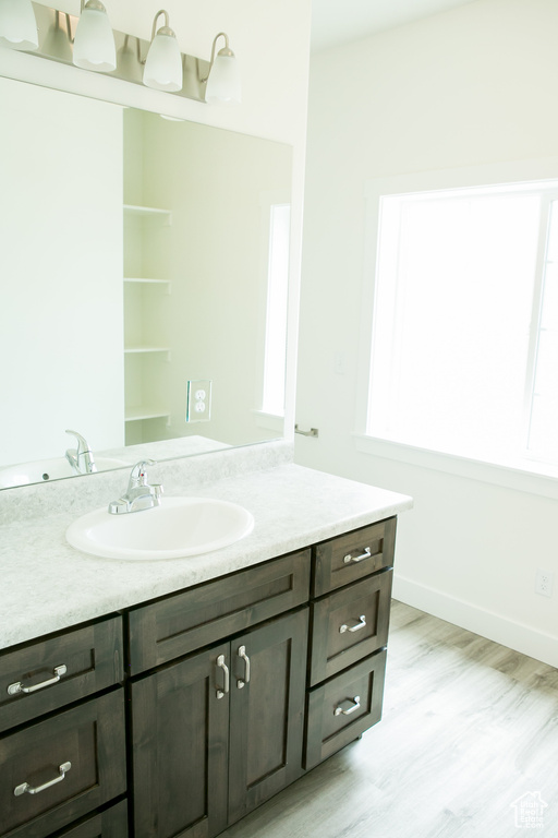 Bathroom featuring large vanity and hardwood / wood-style flooring