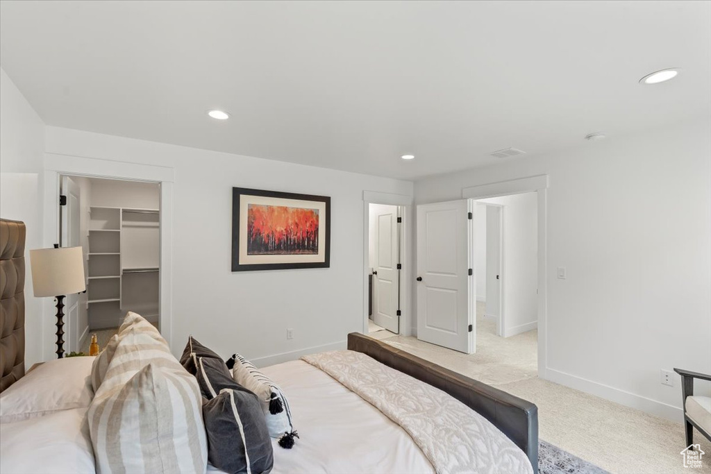 Carpeted bedroom featuring a closet and a spacious closet