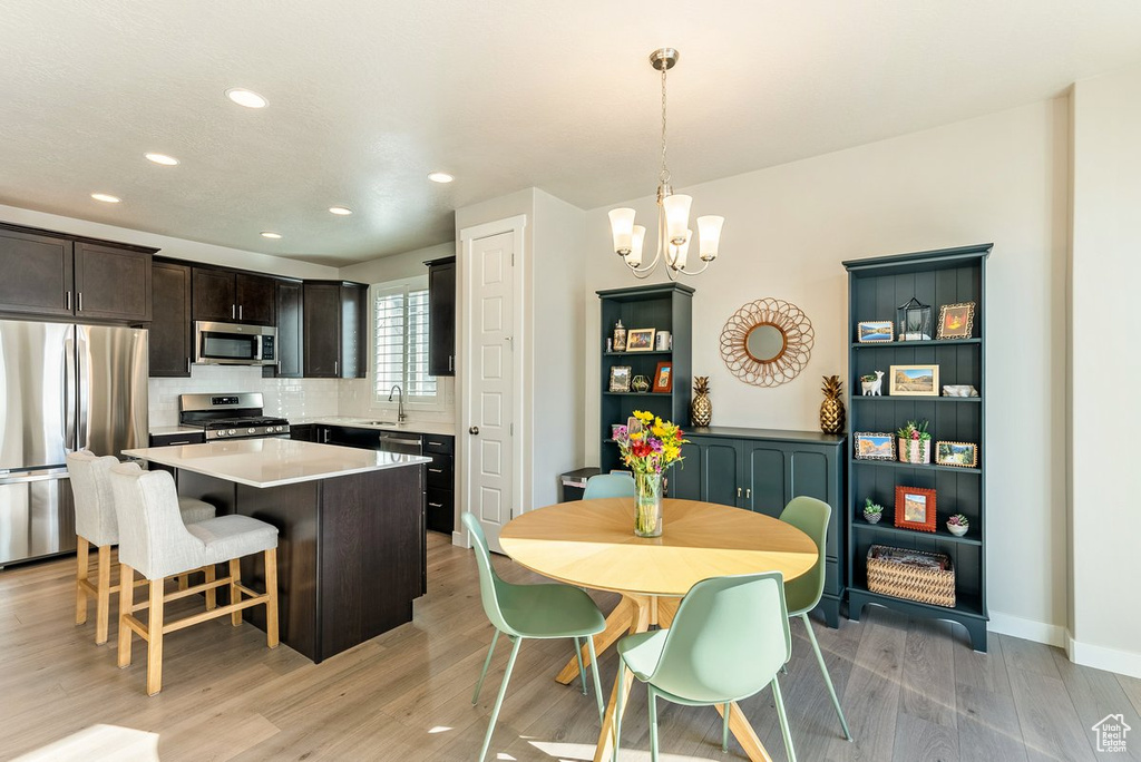 Kitchen featuring light wood-type flooring, appliances with stainless steel finishes, a notable chandelier, hanging light fixtures, and a center island