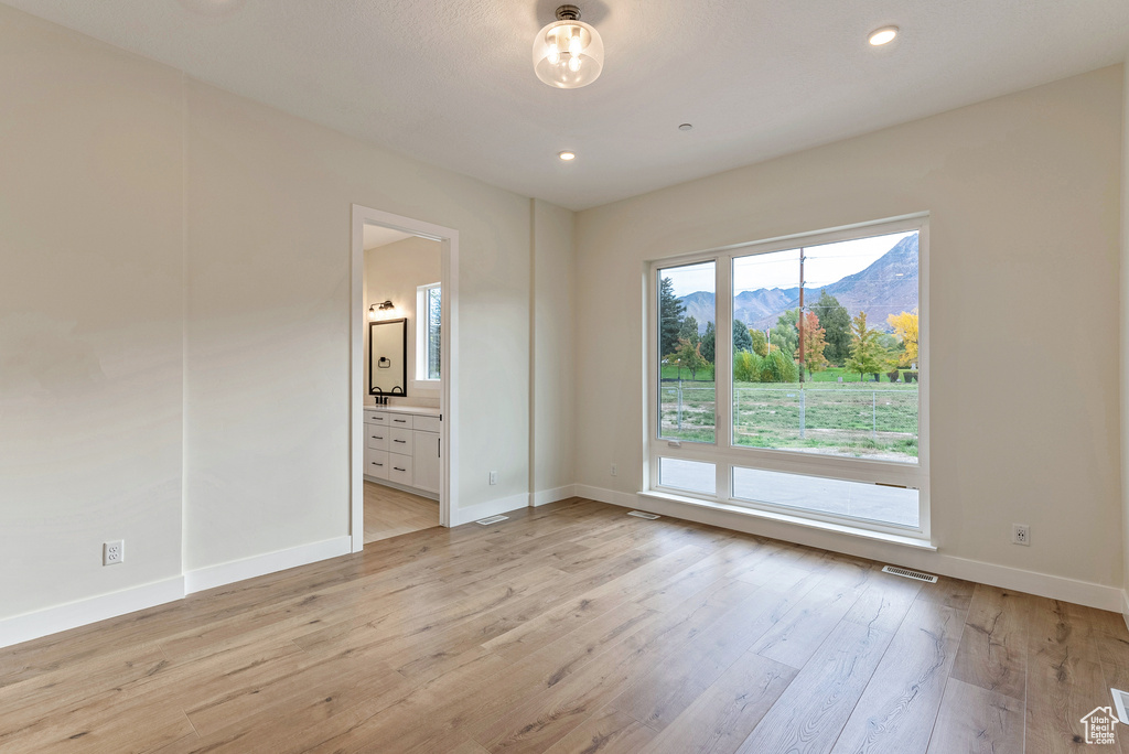 Empty room with a mountain view, a wealth of natural light, and light hardwood / wood-style flooring