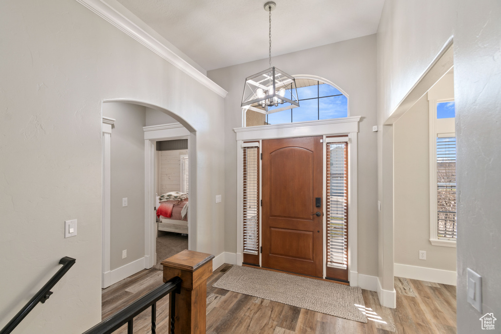 Foyer featuring plenty of natural light, an inviting chandelier, a high ceiling, and light hardwood / wood-style floors