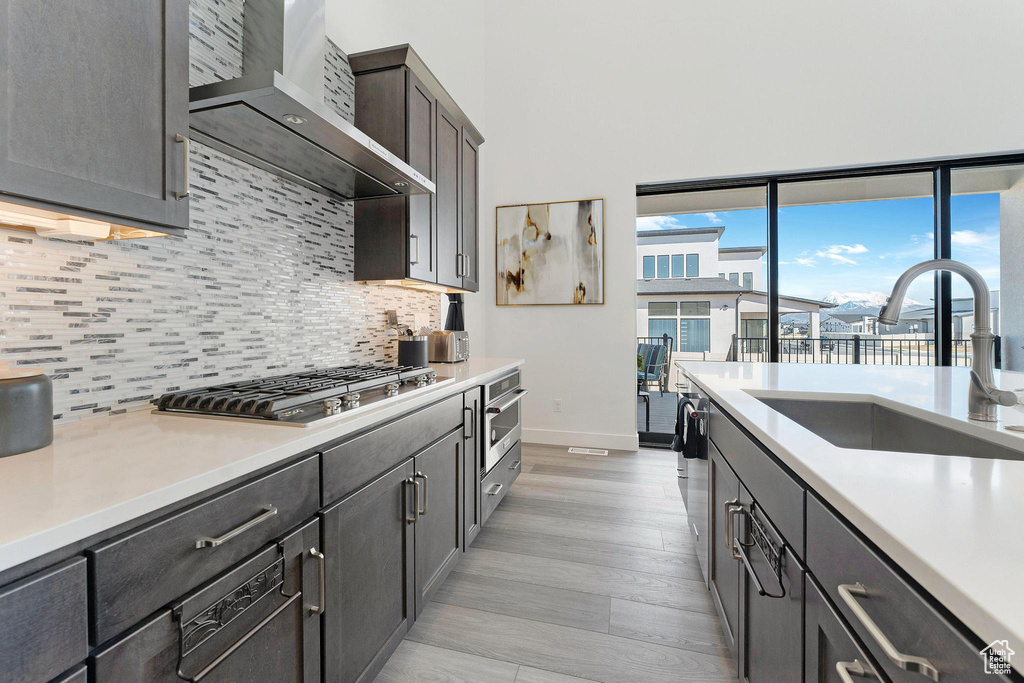 Kitchen with appliances with stainless steel finishes, wall chimney exhaust hood, sink, light hardwood / wood-style floors, and tasteful backsplash