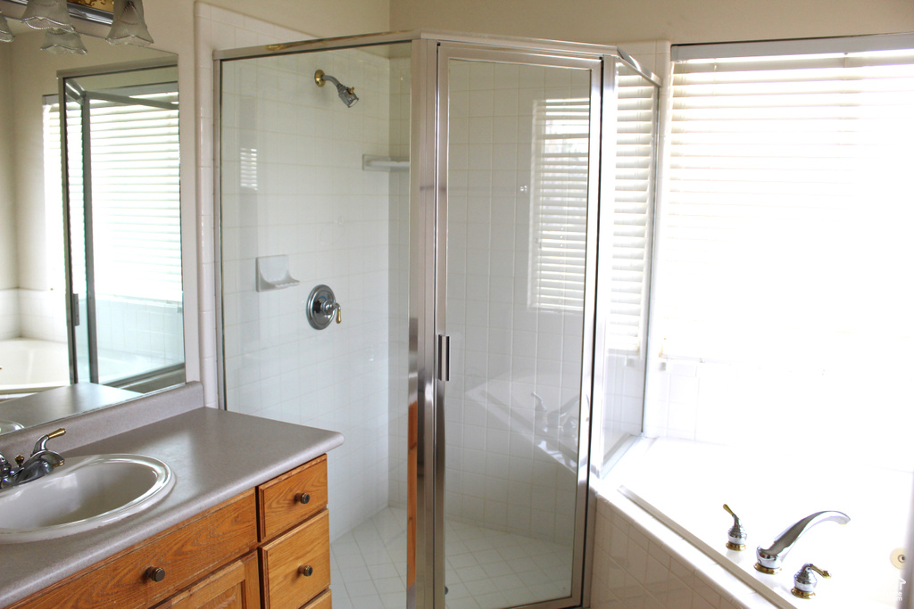 Bathroom with a wealth of natural light, large vanity, and independent shower and bath