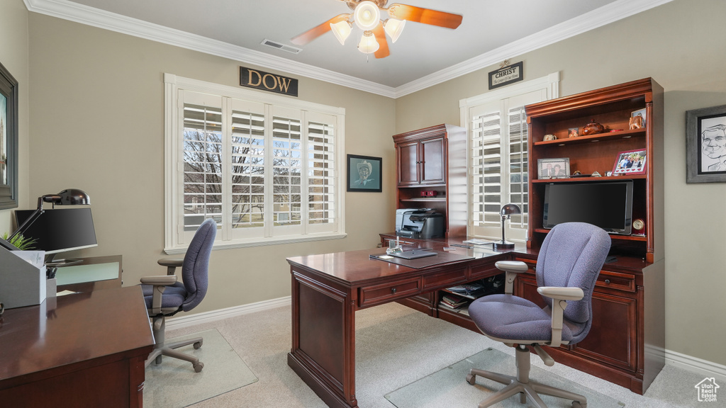 Carpeted office with crown molding, ceiling fan, and a healthy amount of sunlight