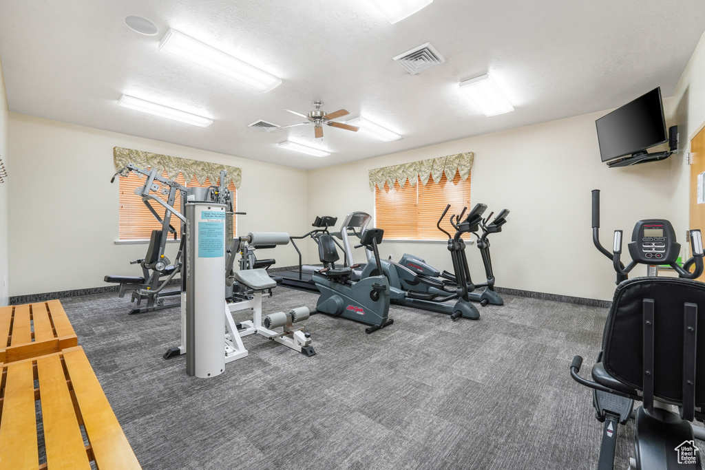 Gym with plenty of natural light and ceiling fan