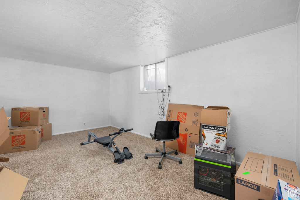 Interior space with a textured ceiling and light colored carpet