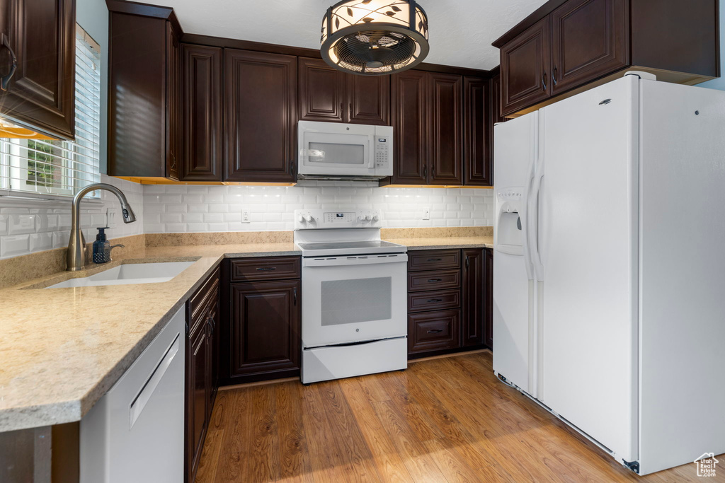 Kitchen featuring tasteful backsplash, white appliances, sink, dark brown cabinetry, and light wood-type flooring