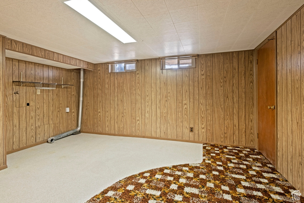 Basement with light colored carpet and wooden walls