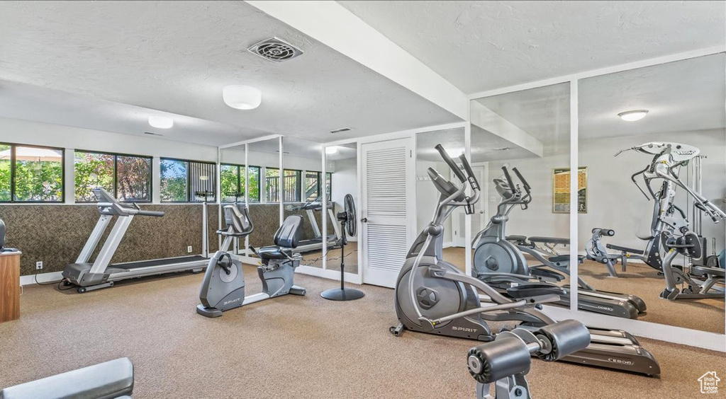 Exercise room with a textured ceiling and carpet floors