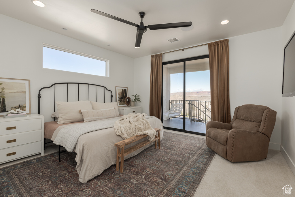 Bedroom featuring carpet floors, access to exterior, and ceiling fan