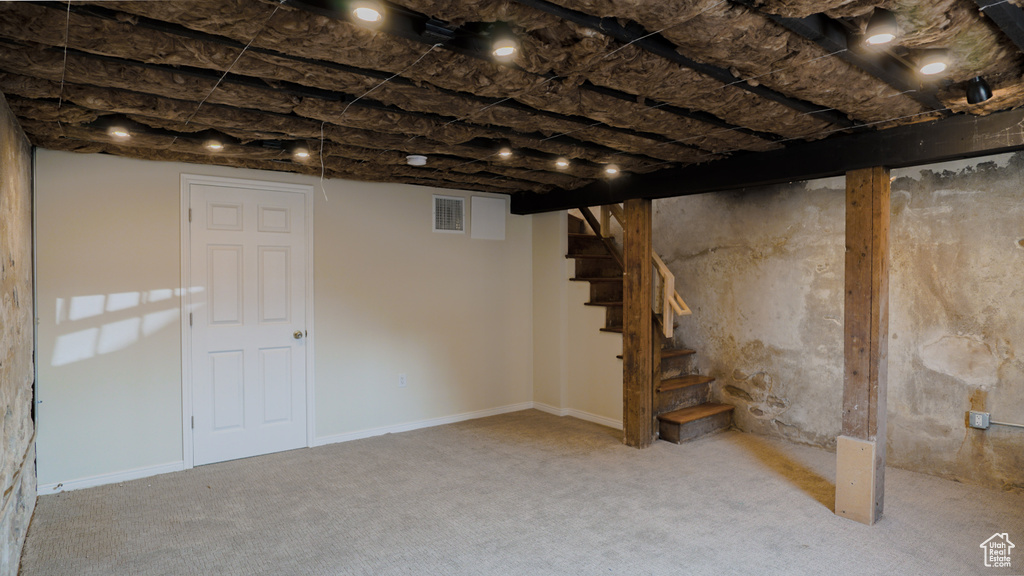 Basement with light colored carpet