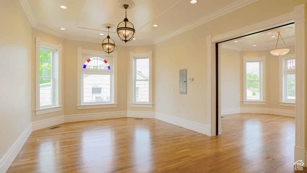 Spare room with light hardwood / wood-style flooring, plenty of natural light, ornamental molding, and a chandelier