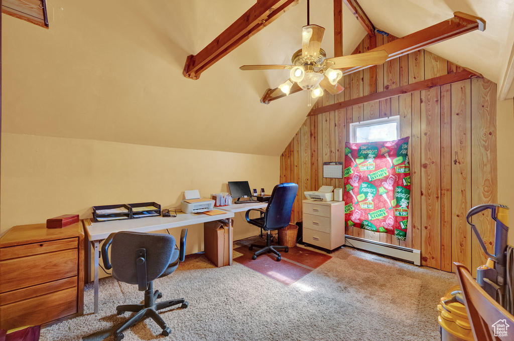 Office featuring lofted ceiling with beams, a baseboard radiator, light carpet, and ceiling fan