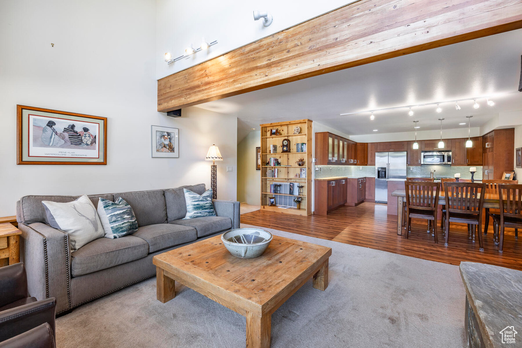 Living room with hardwood / wood-style floors and rail lighting