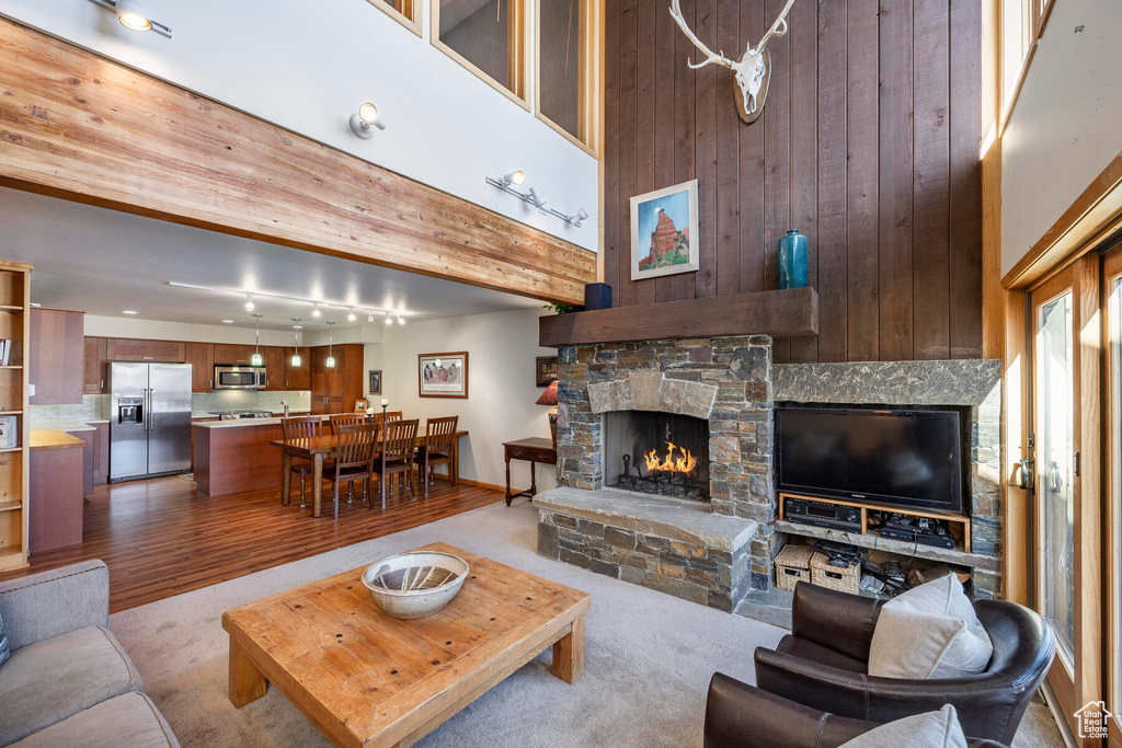 Living room featuring wood walls, light hardwood / wood-style flooring, and a stone fireplace