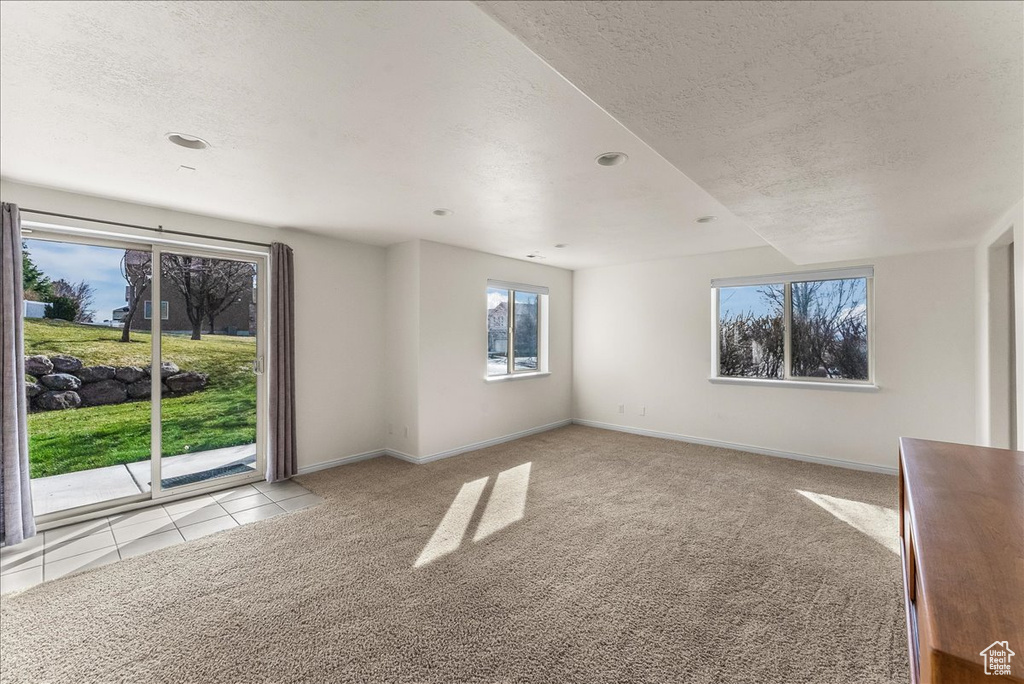 Unfurnished room featuring a textured ceiling and light carpet