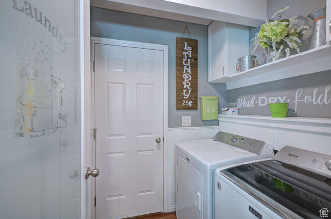 Laundry room with washing machine and clothes dryer and cabinets
