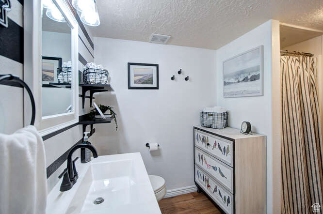 Bathroom with sink, hardwood / wood-style floors, a textured ceiling, and toilet