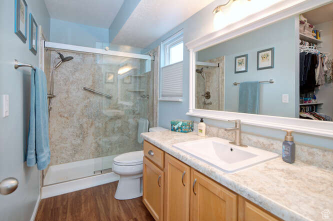 Bathroom with vanity, a shower with door, hardwood / wood-style floors, and toilet