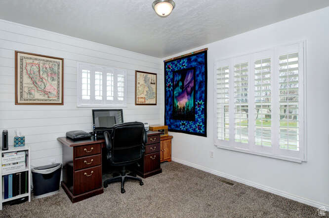 Home office with carpet flooring and a textured ceiling