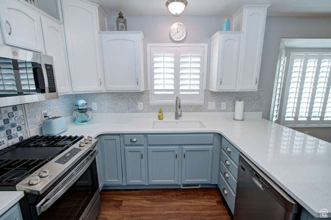 Kitchen featuring dark hardwood / wood-style floors, sink, stainless steel appliances, white cabinets, and tasteful backsplash