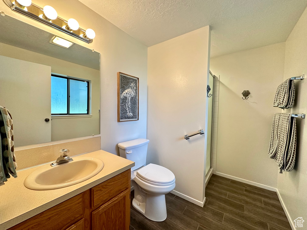 Bathroom featuring vanity, toilet, a textured ceiling, and walk in shower