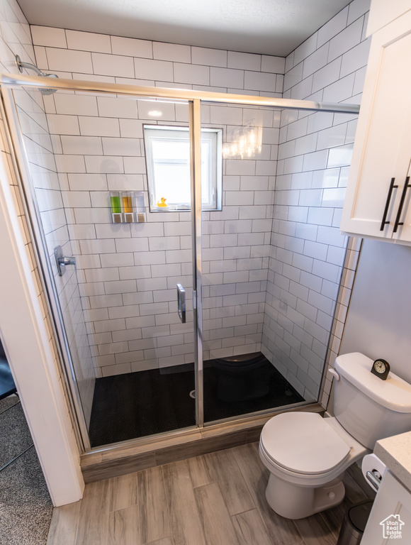 Bathroom featuring walk in shower, vanity, hardwood / wood-style flooring, and toilet