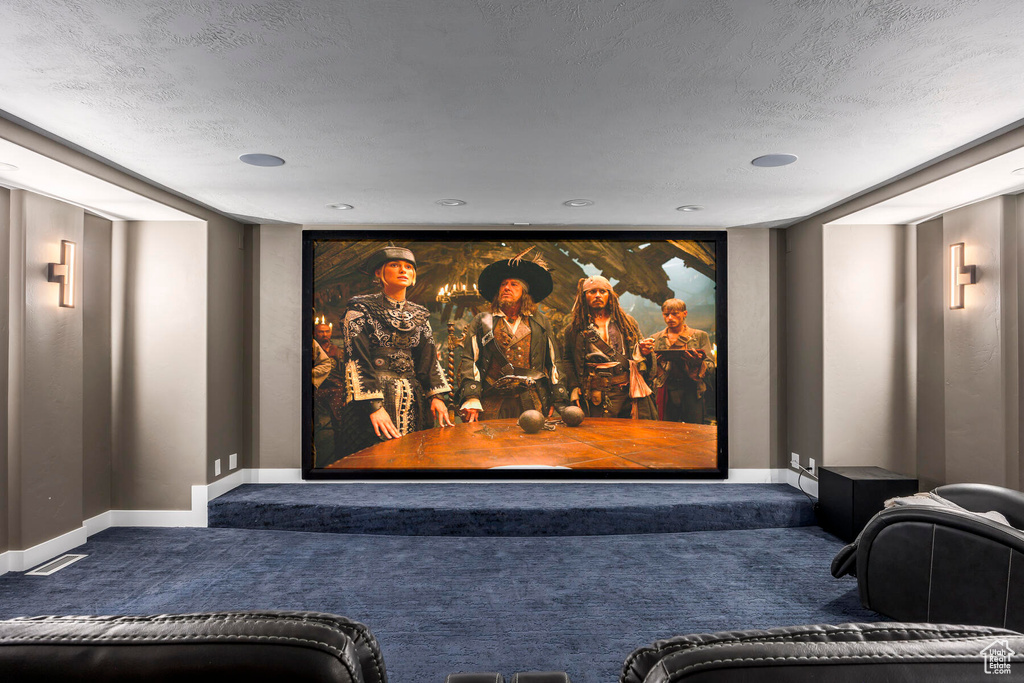 Carpeted home theater with a textured ceiling