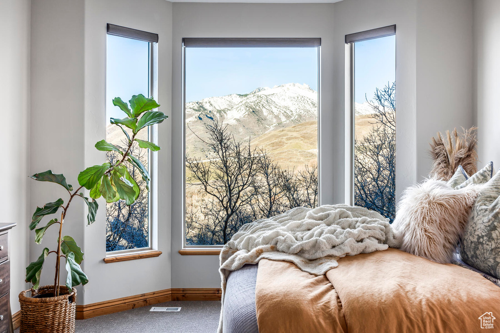Carpeted bedroom with multiple windows and a mountain view