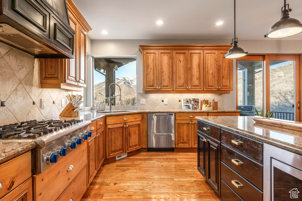 Kitchen featuring hanging light fixtures, sink, a healthy amount of sunlight, light hardwood / wood-style floors, and tasteful backsplash