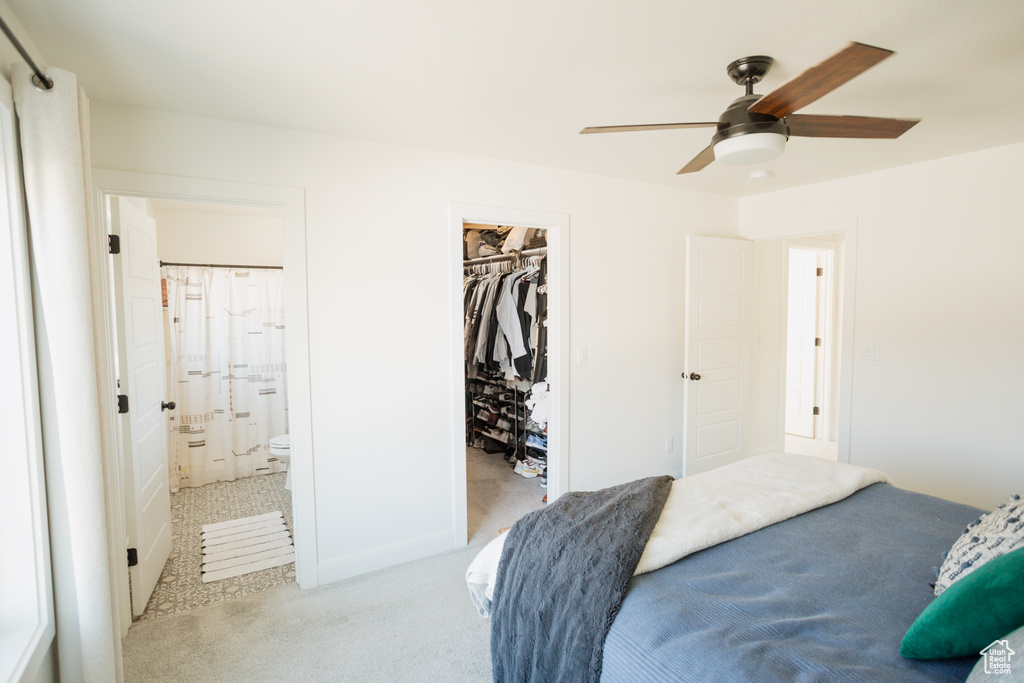 Carpeted bedroom featuring a closet, ensuite bathroom, ceiling fan, and a walk in closet