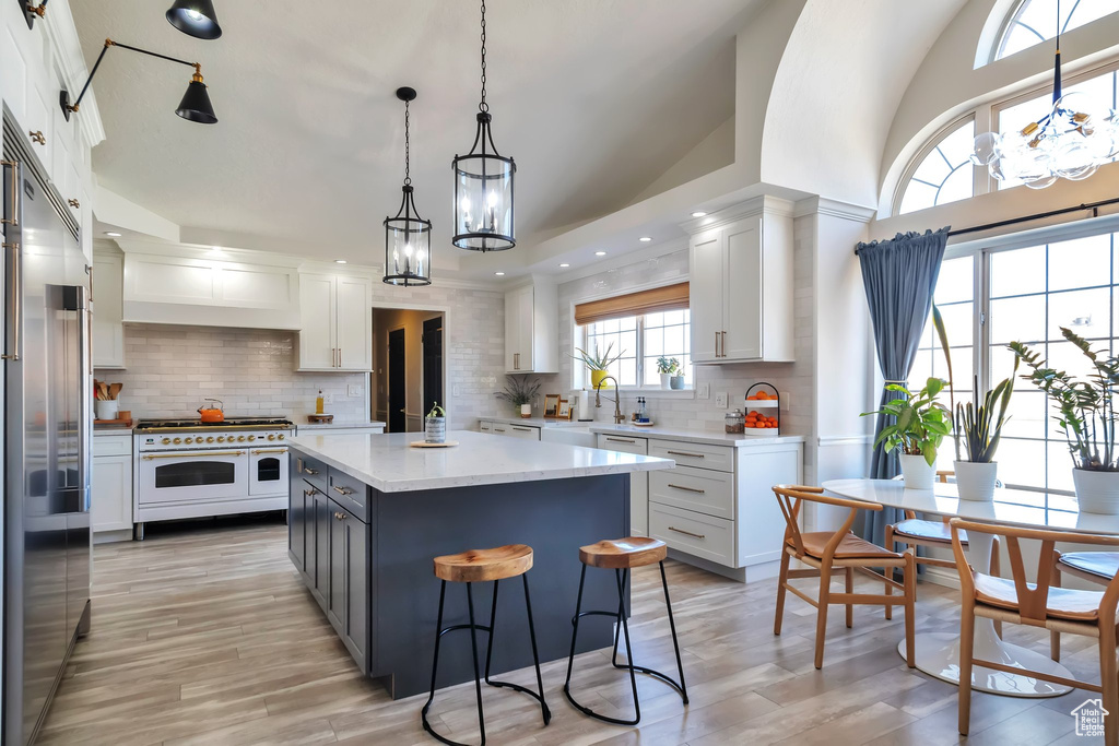 Kitchen featuring white cabinets, a kitchen island, high end appliances, and backsplash
