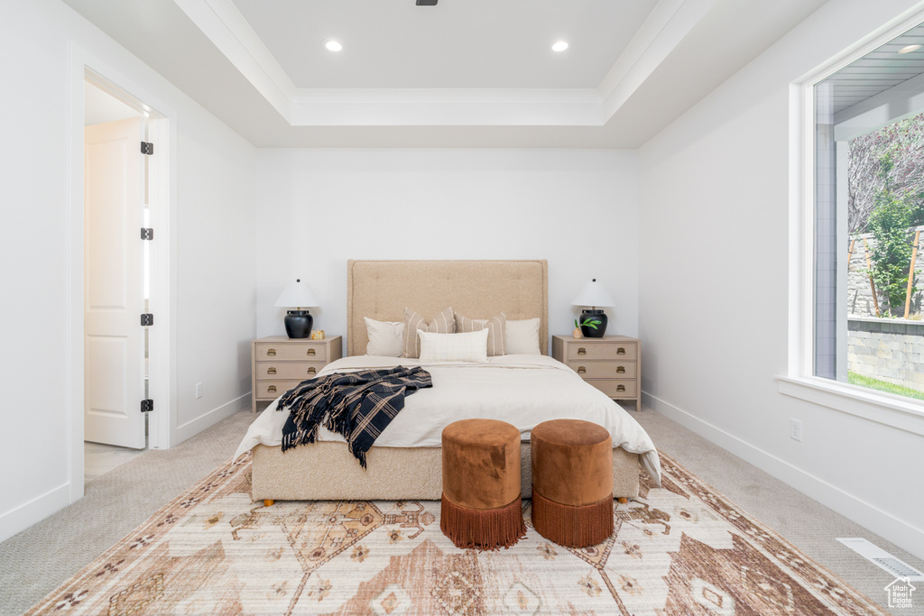 Bedroom featuring light carpet and a tray ceiling