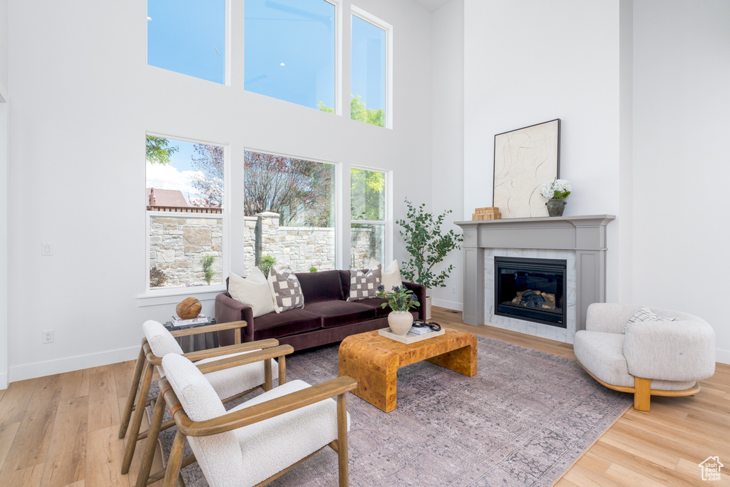 Living room with a tiled fireplace, a healthy amount of sunlight, and hardwood / wood-style flooring