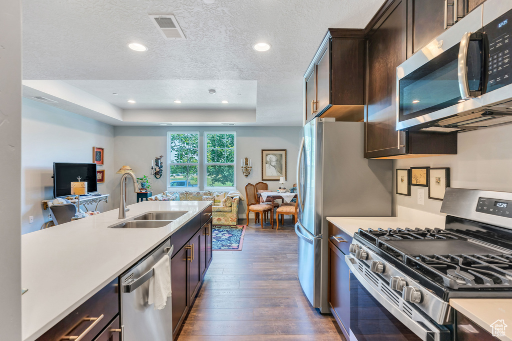 Kitchen featuring dark brown cabinets, sink, dark hardwood / wood-style floors, appliances with stainless steel finishes, and a raised ceiling