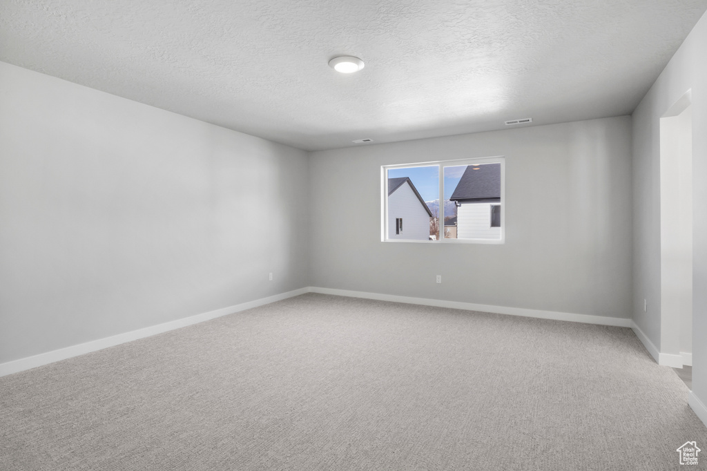 Empty room featuring a textured ceiling and light colored carpet