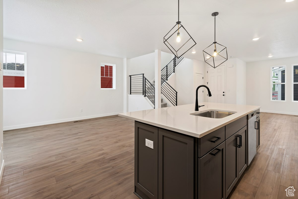 Kitchen with a kitchen island with sink, a healthy amount of sunlight, sink, and light hardwood / wood-style floors