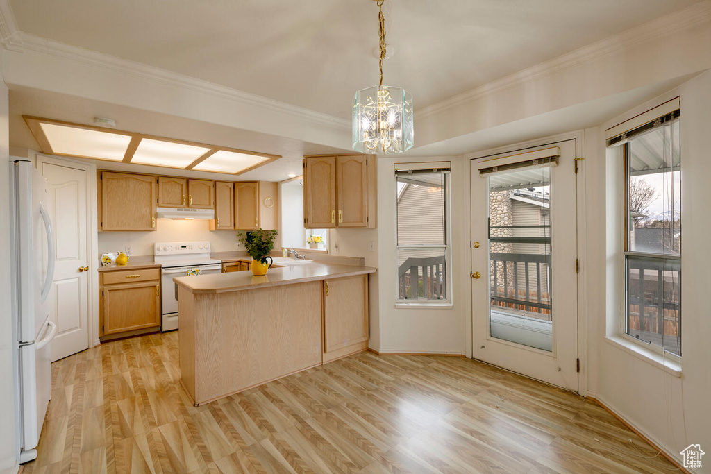 Kitchen with light wood-type flooring, white appliances, a wealth of natural light, and a notable chandelier