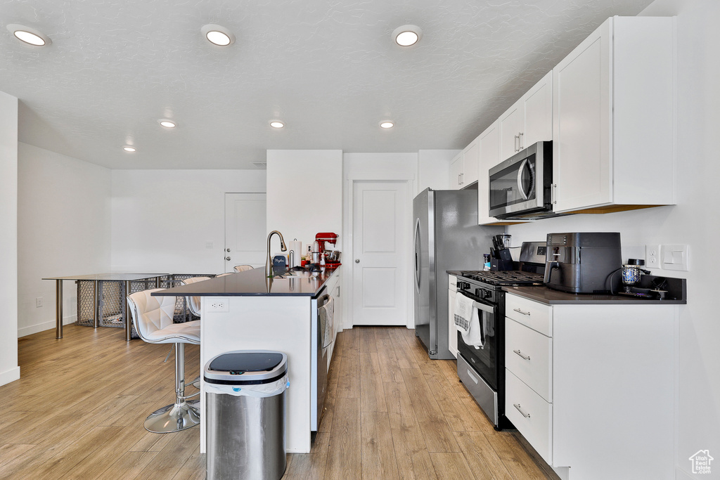 Kitchen featuring light hardwood / wood-style floors, white cabinetry, and stainless steel appliances