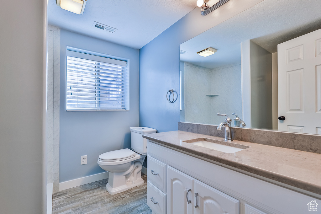 Bathroom with hardwood / wood-style floors, toilet, and vanity with extensive cabinet space
