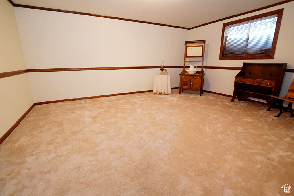 Unfurnished room featuring light colored carpet and ornamental molding