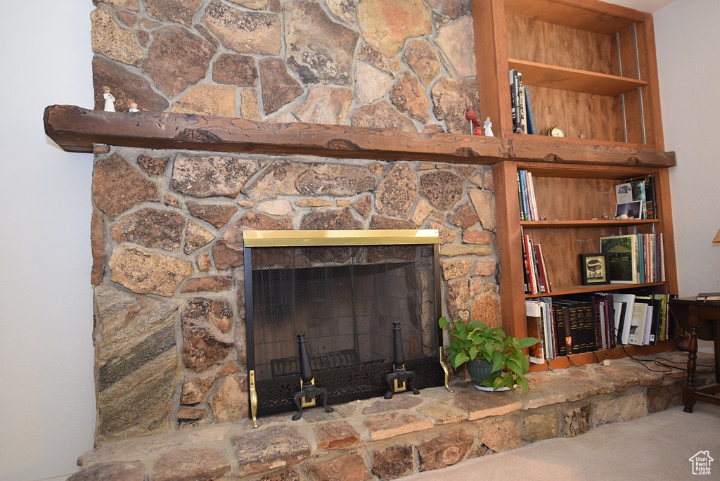 Room details featuring a stone fireplace and carpet floors
