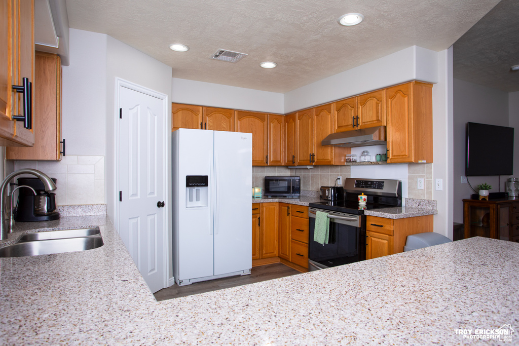 Kitchen featuring stainless steel electric range, sink, white refrigerator with ice dispenser, and tasteful backsplash