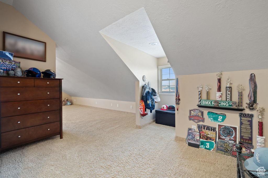 Recreation room featuring a textured ceiling, light colored carpet, and vaulted ceiling