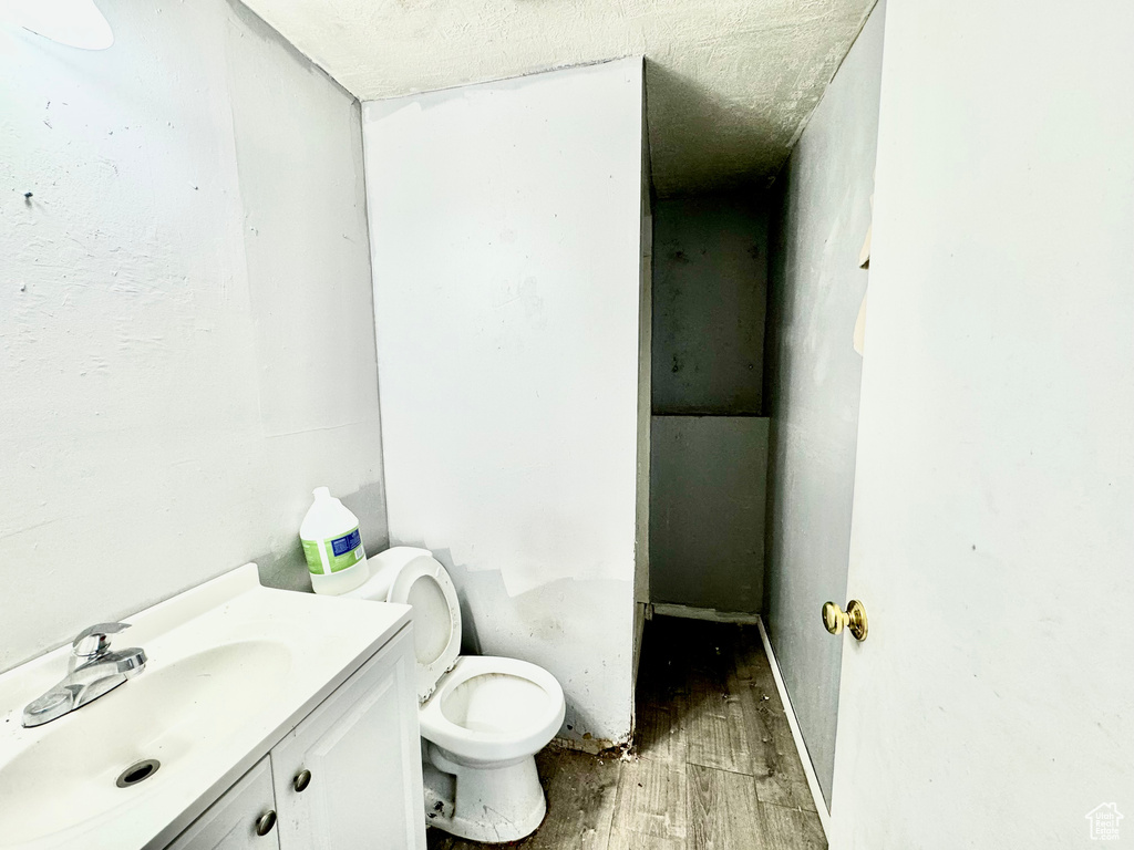 Bathroom with vanity, toilet, a textured ceiling, and wood-type flooring